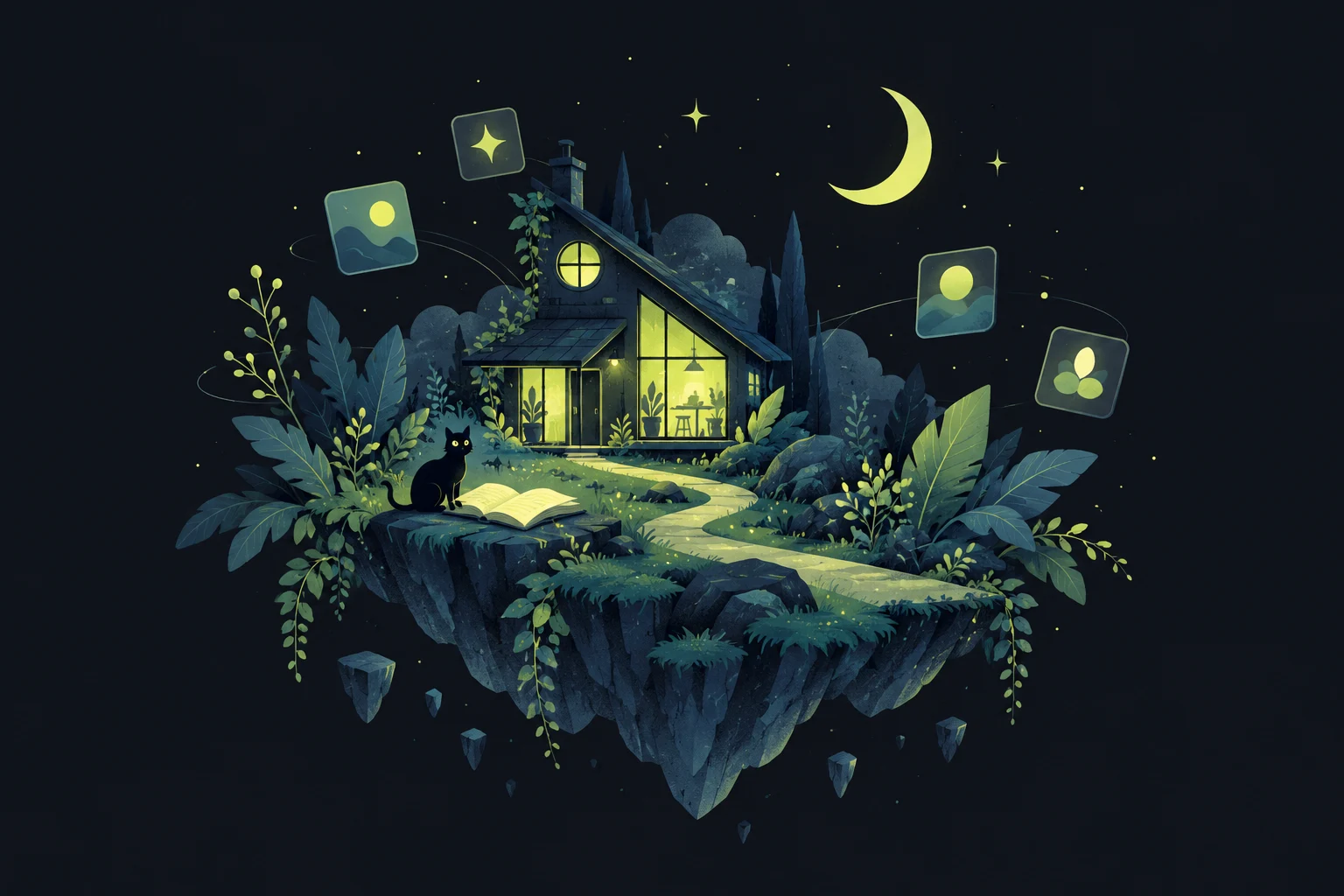 A cozy illuminated studio on a floating island, surrounded by books, a cat, and a moonlit garden